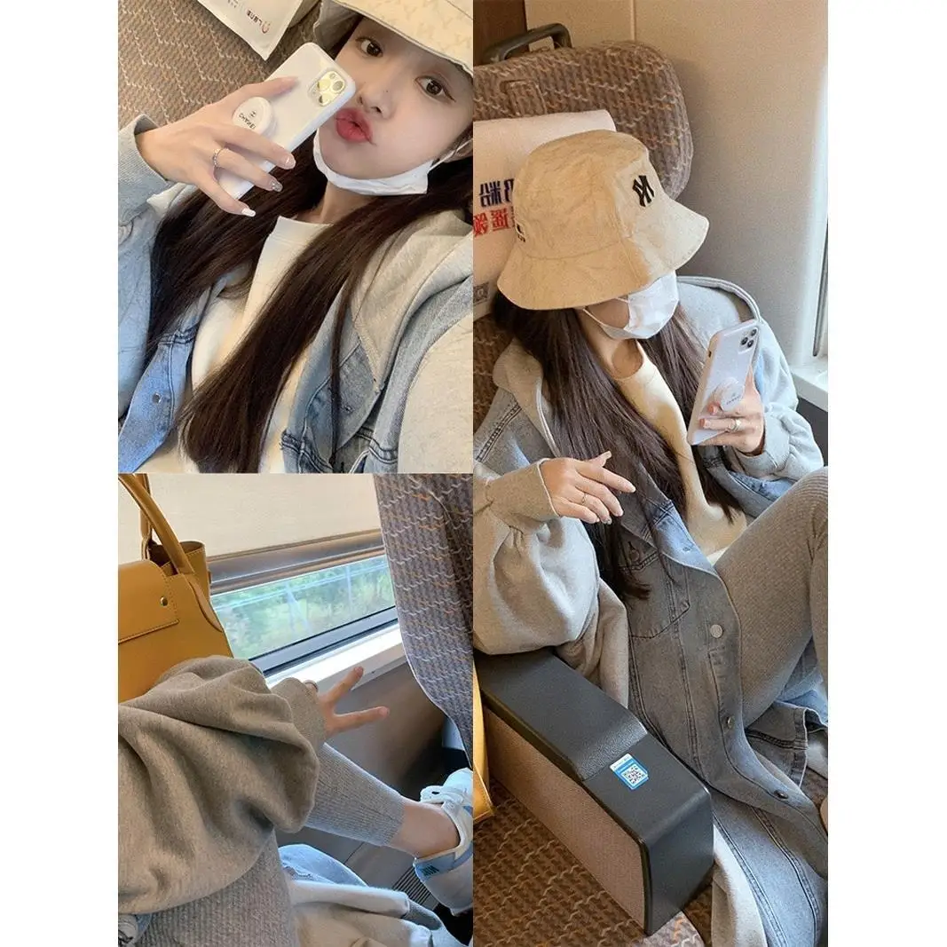 2022 Korean Long Trench Single Breasted Denim Patchwork Cap Coat Women Lazy Style Loose Long Sleeve Top Trench