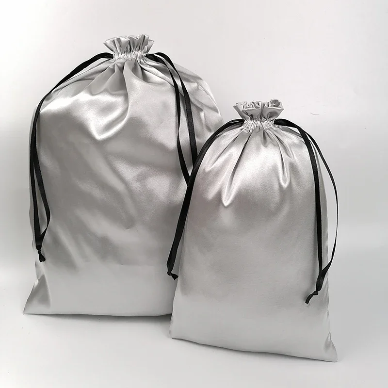 Imagem -04 - Silver Silk Satin Hair Packaging Bolsa Drawstring Gift Bags Extensões de Cabelo Maquiagem Armazenamento em Casa Sapatos Roupas Logotipo Personalizado 50 Pcs