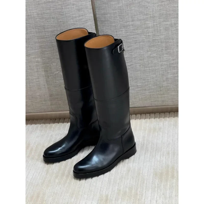 Premium Cowhide Splicing Women's Boots Belt Buckle Knight Boots 2024 Winter Trend New Real Leather Knee High Boot Shoes Botas