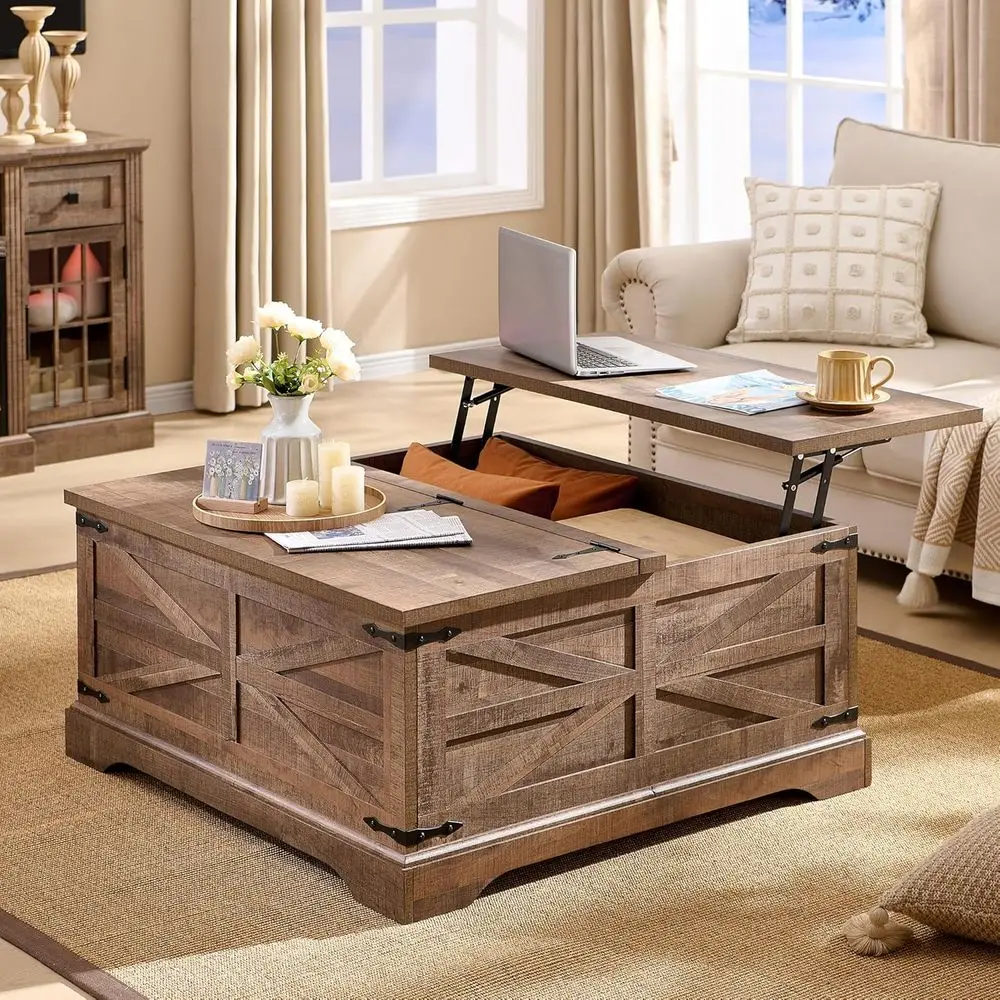 

Rustic 36 Farmhouse Coffee Table with Storage, Lift Top Wood Square, Large Hidden Compartment for Living Room