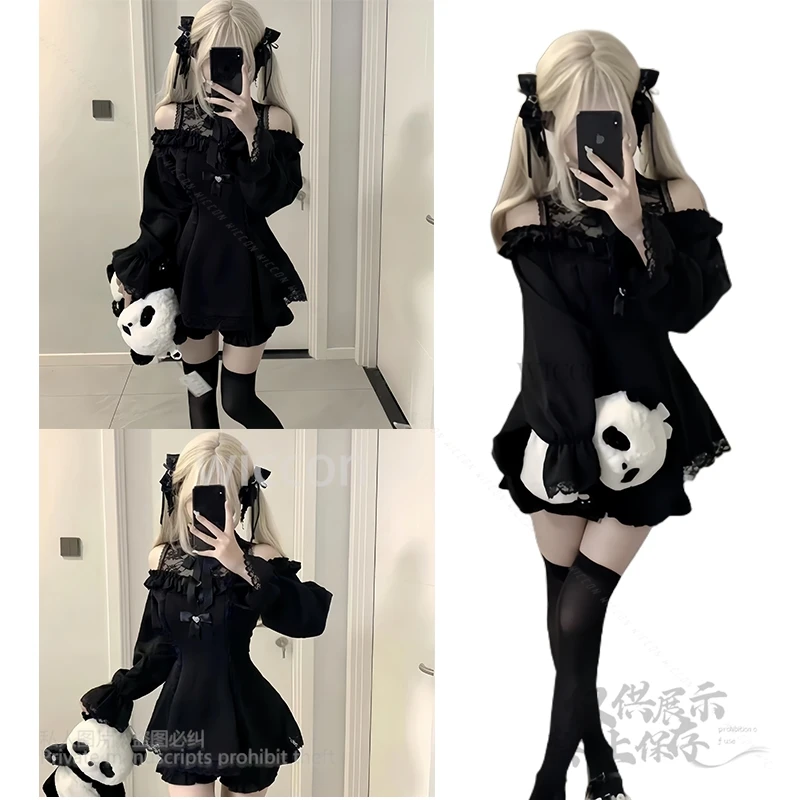 

Evening Dress Gothic Japanese Patchwork Lace Slim Bow Suit Design Off Shoulder Lolita Lace One-Shoulder Shirt S-XL Uniform Women