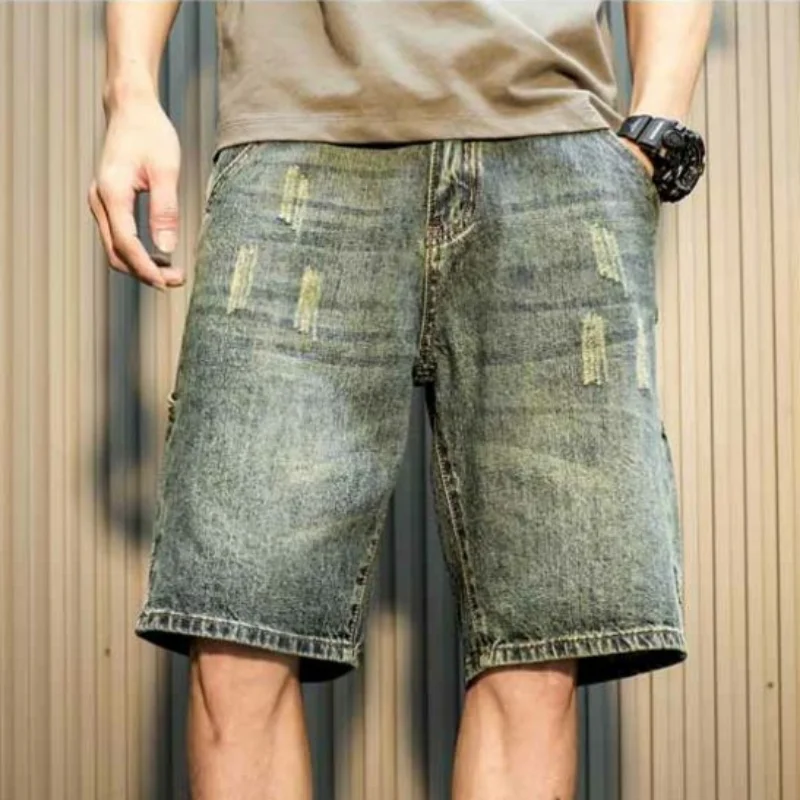 With Pockets Men\'s Short Jeans Pants Long Knee Length Straight Half Bermuda Male Denim Shorts Cargo Sale Stretch Retro Xl New In