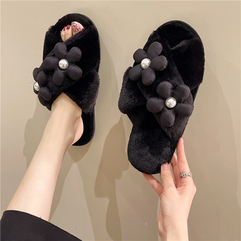 Winter Women's Warm and Fluffy Home Flower Pearl Decorated Furry Cotton Slippers