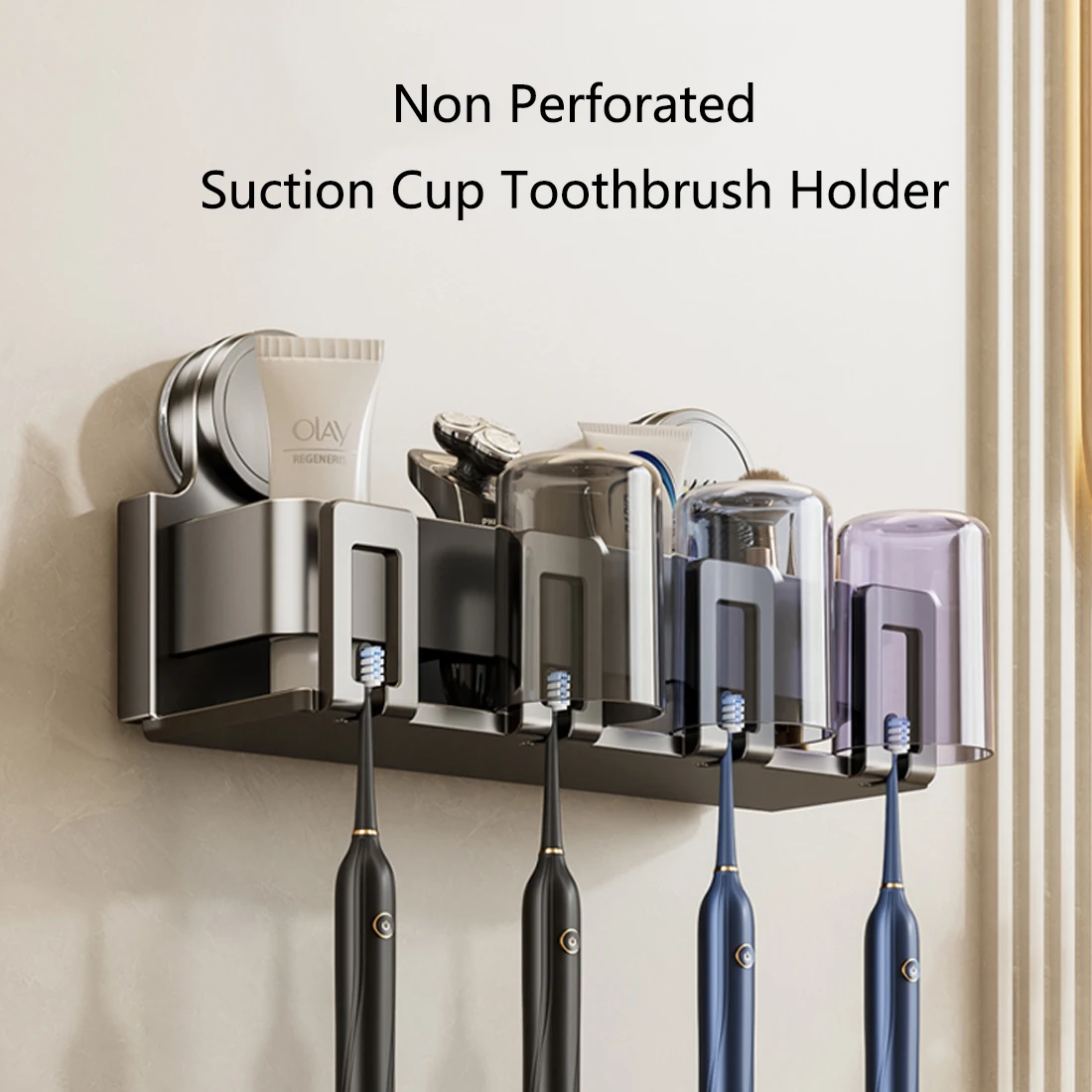 No Need To Drill Suction Cup Toothbrush Storage Rack, Bathroom Mouthwash cup Hanging Rack, Electric Toothbrush Holder With Cup