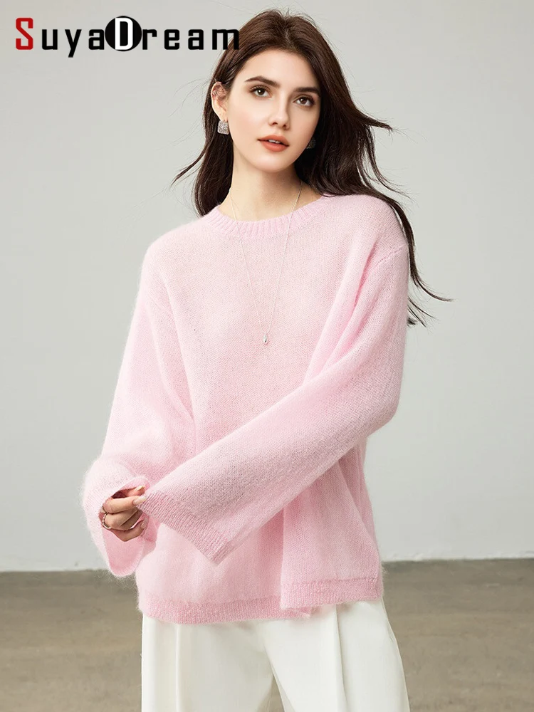 

SuyaDream, Women Pullovers, 53.1%Mohair, O-Neck, Soft Loose Sweaters, 2025 Fall Winter Cozy Top, Pink, White