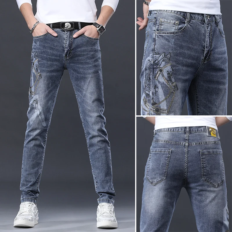 Light luxury high-end bronzing printed jeans men's elastic straight 2024 new trendy men's clothing slim fit tapered casual pants