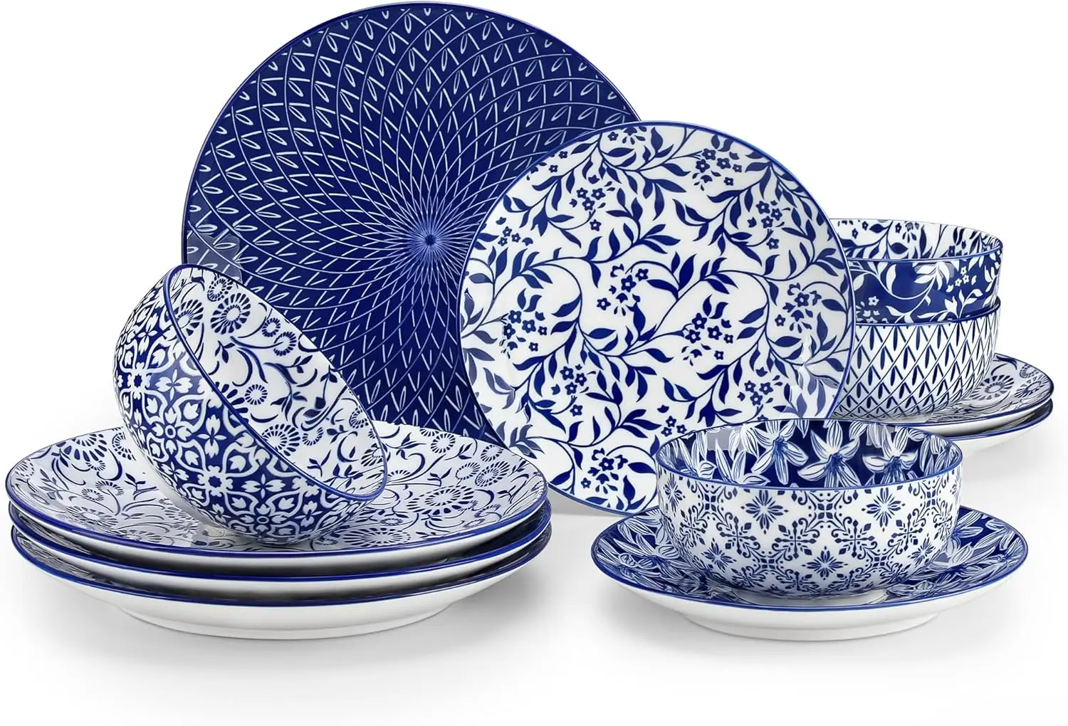 12-Piece Porcelain Dinnerware Set for 4, Blue and White Floral Design, Microwave and Dishwasher Safe