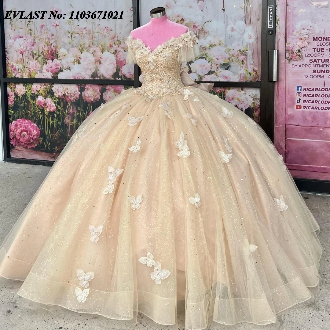 EVLAST-vestido De Quinceañera De champán mexicano, vestido De baile, apliques De mariposa 3D, corsé De lazo con cuentas, dulce 16, SQ371