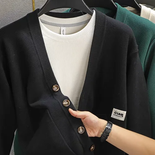 남성용 브이넥 포켓 니트 가디건 프린트 스웨터, 하이엔드 라이트 럭셔리, 영국 가을 겨울 패션 트렌드, 남성 의류, 신상 