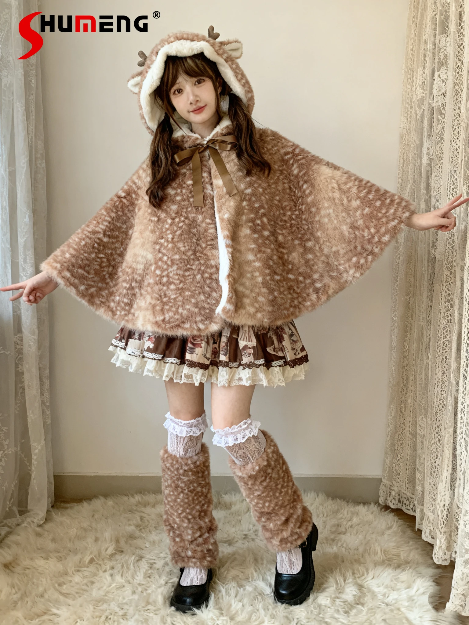 Świąteczne płaszcze z reniferami, pluszowe, grube, ocieplane, sznurowane, krótkie kurtki damskie, zimowe, słodkie, urocze, uniwersalne peleryny.