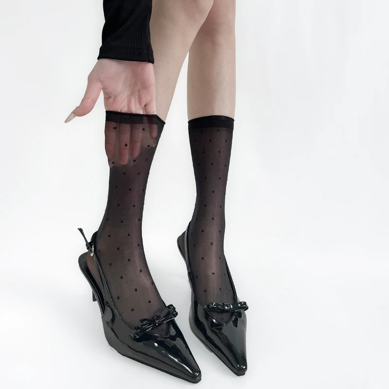 Women Socks Ultra-thin Transparent Oil Shiny Medium Tube Socks Women Nightclub Party Polka Dot Stretch Elastic Nylon Long Socks