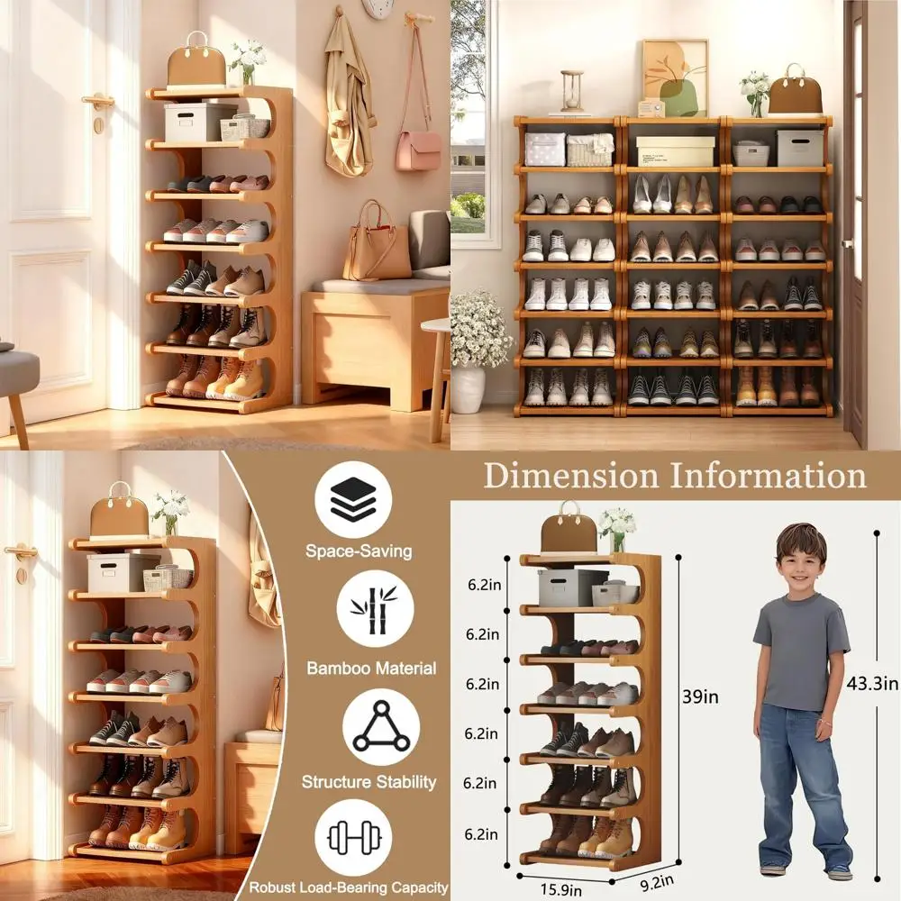 

Vertical Bamboo Shoe Rack - 7-Tier Freestanding Storage Organizer for Entryway, Shoe Tower, Shoe Organizer