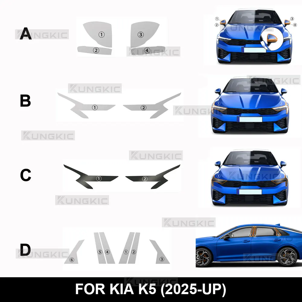 

For KIA K5 2025 Car Headlight Rearview B C Pillars Protection Film Transparent Smoked Anti-scratch TPU for 5K Pre Cut Sticker