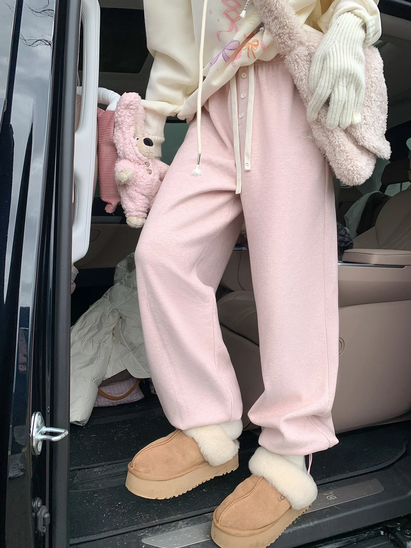 

Розовые женские повседневные брюки свободного кроя с широкими штанинами на флисовой подкладке, осенне-зимние, новые, удобные, прямого кроя, с манжетами