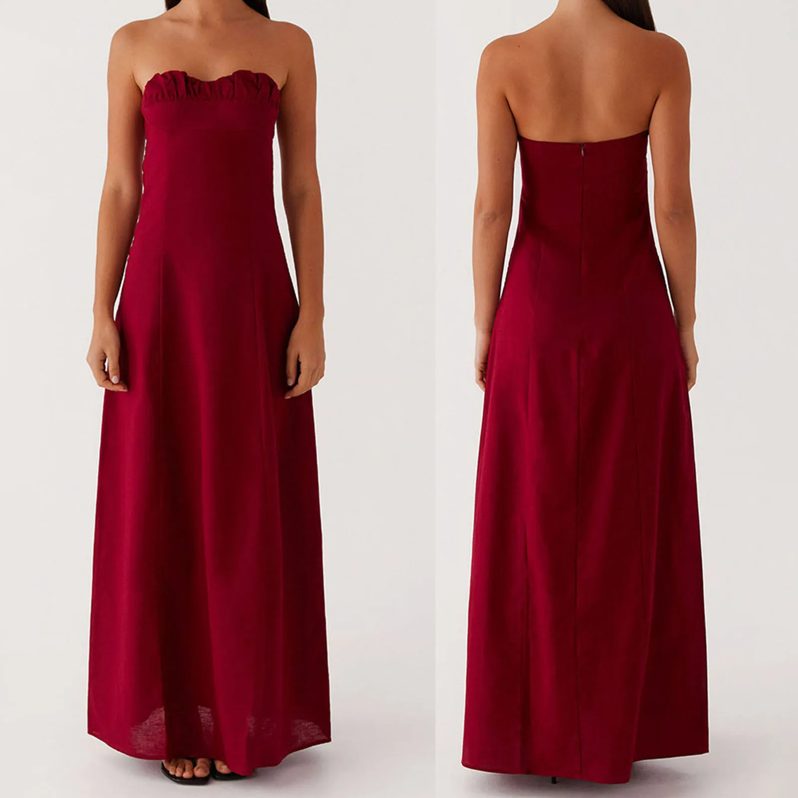 Boho-Damen-Bandeau-langes Kleid, ästhetisches Blumen-/einfarbiges, schulterfreies, ärmelloses A-Linien-Abendkleid mit Rüschen für Strand, Party, Club