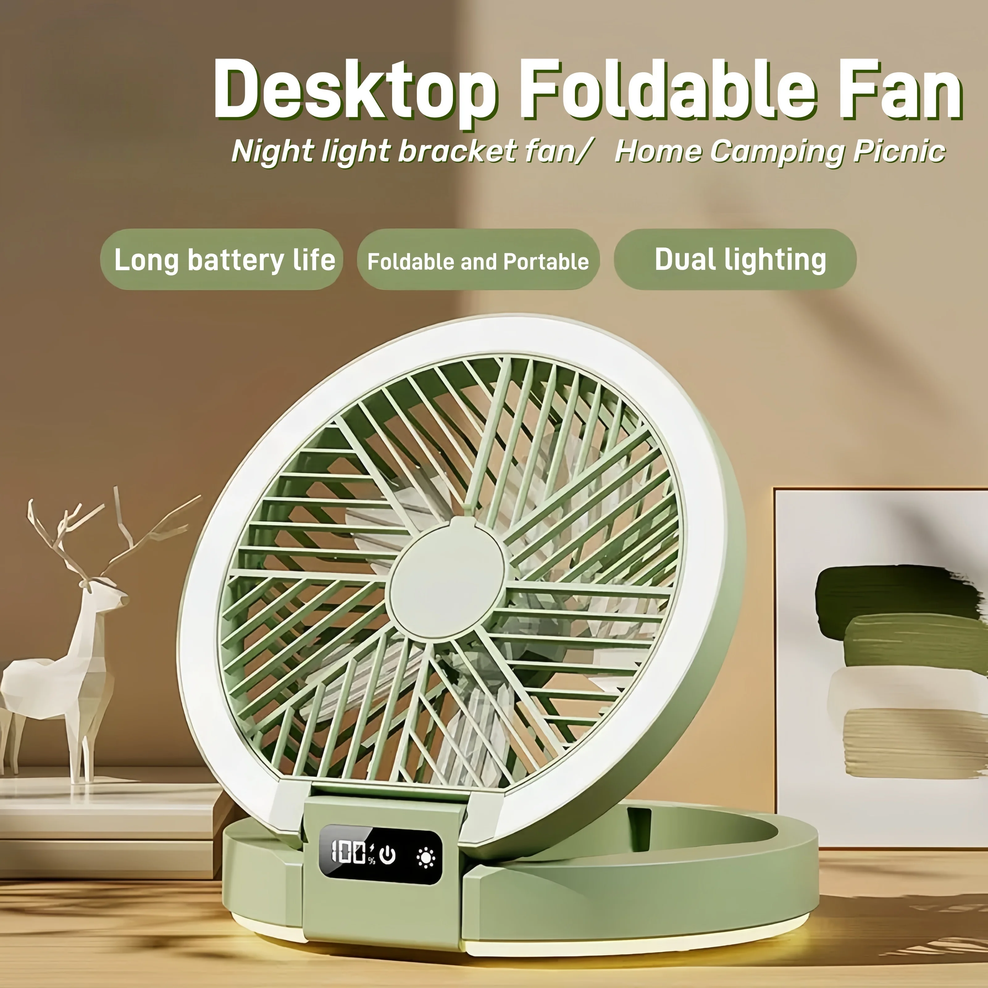 مروحة كهربائية مروحة سطح المكتب التخييم شاشة ديجيتال رقيقة جدا مروحة صغيرة قابلة للطي ليلة دعامة إضاءة مروحة التخييم نزهة الجدول