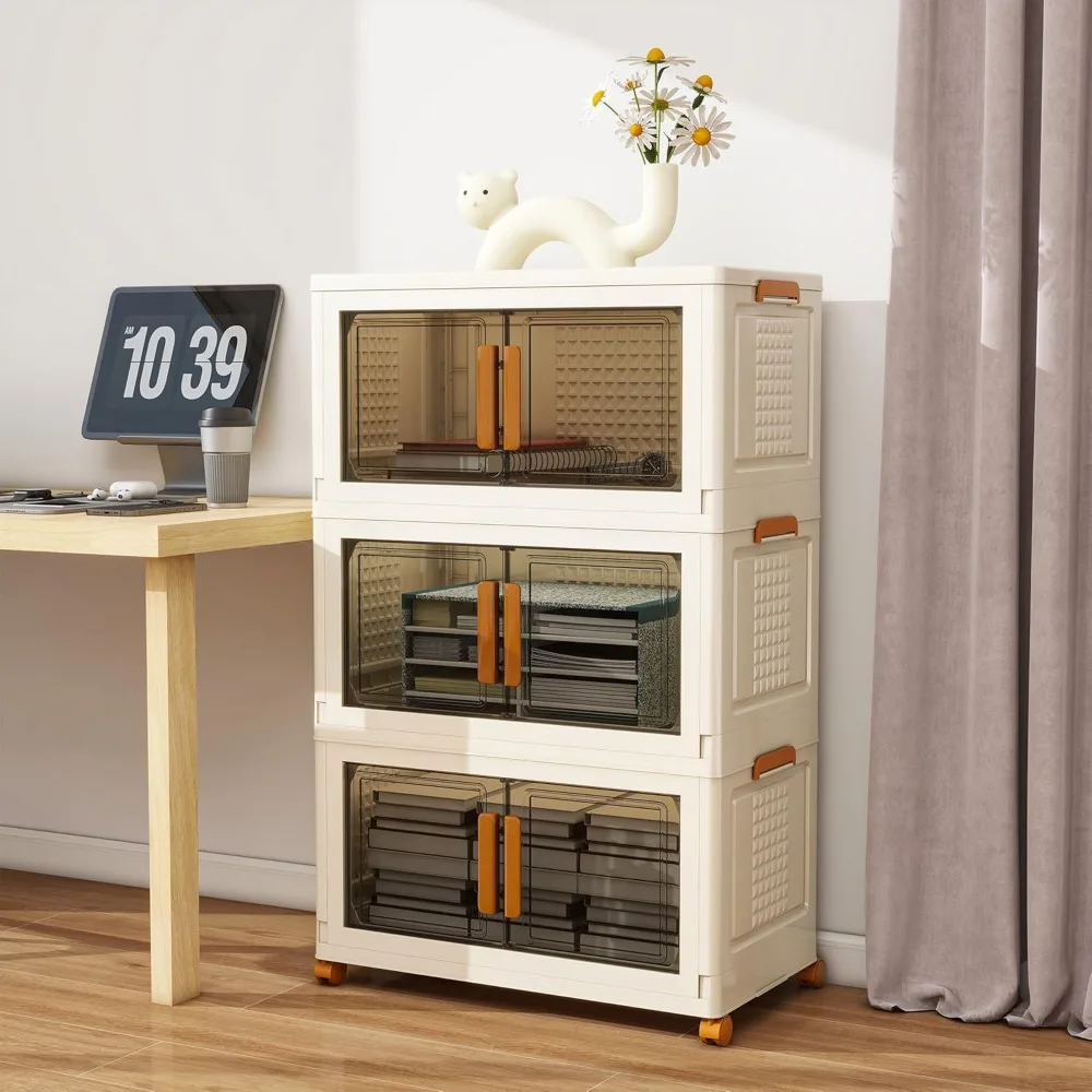 Duże, 3-poziomowe, plastikowe pojemniki do przechowywania z jednym wieczkiem, pojemność 95 kwart, składane, z kółkami do organizacji domu.