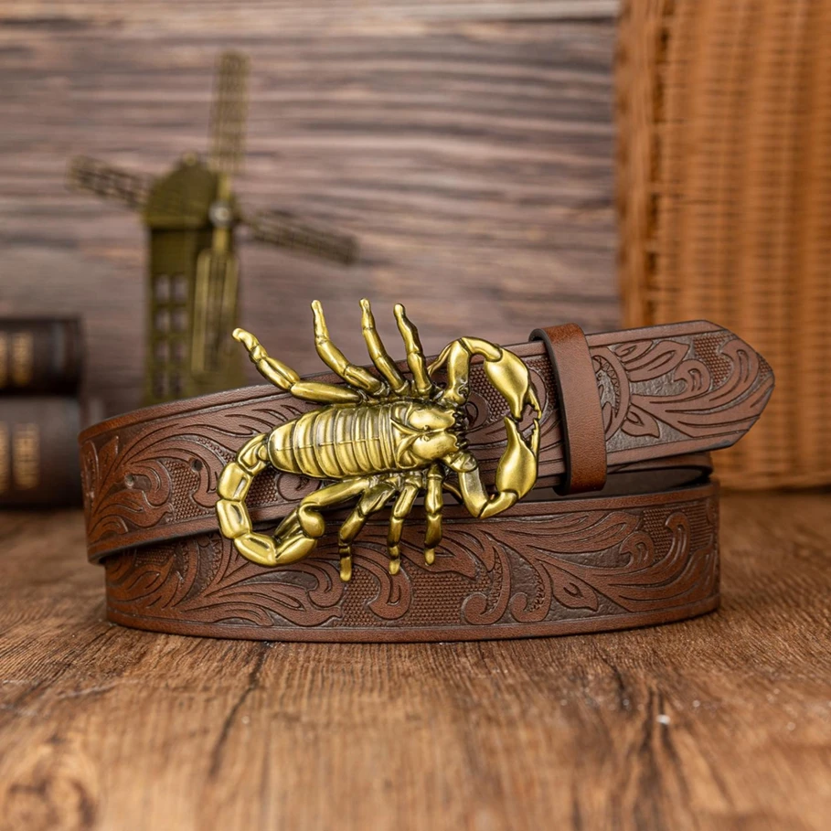 Golden Scorpion Large Buckle, Personalized and Trendy Phoenix Tail Pattern, Retro Embossed Western Denim Belt view 3