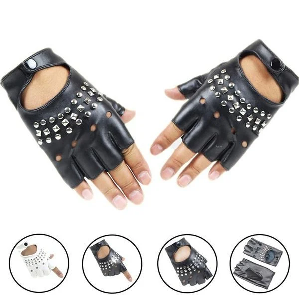 Guantes de cuero PU con remaches para hombres y mujeres, guantes de medio dedo, guantes Punk, guantes de baile, guantes de rendimiento para club