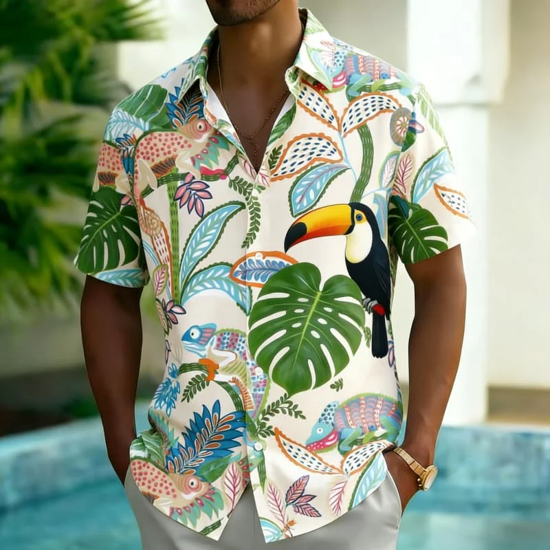 Men's Vibrant Vacation Jungle Parrot Print Shirt, Bold Exotic Style for Summer Parties, Beach Events, Vacation & Daily Looks