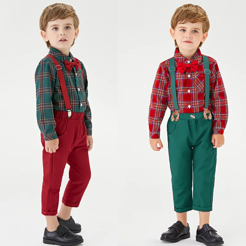 European And American Children's Christmas Clothing Teens Boy Checkered Long Sleeve Cotton Cardigan Shirt Strap Pant Holiday Set