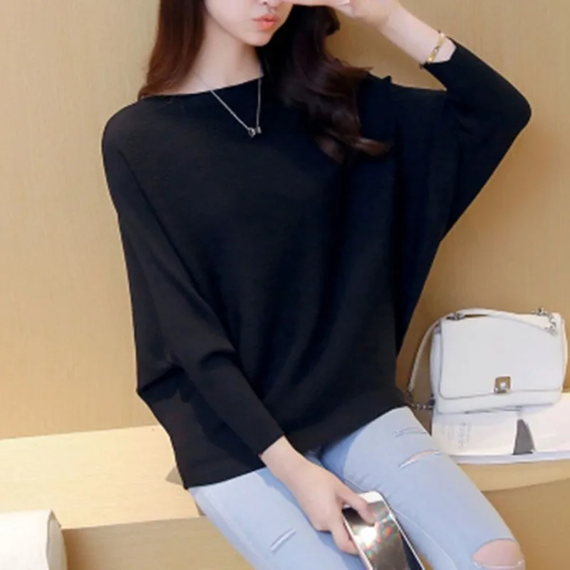 Women\'s Solid Color Pullover One Line Neck Sweater 2023 Autumn and Winter Korean Bat Sleeve Knitted Fashion Office Lady Tops