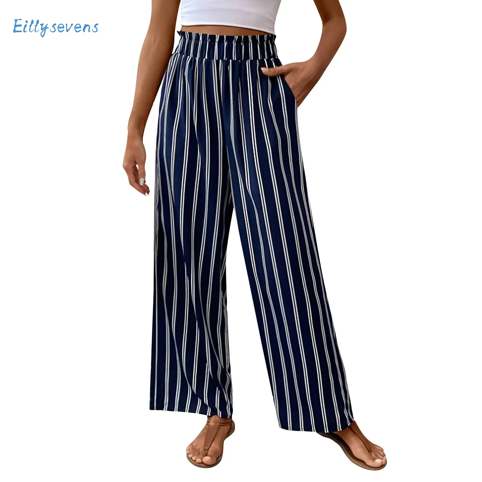 Pantaloni a gamba larga a righe Pantaloni casual larghi da donna Estate Nuovi pantaloni larghi dritti in vita elastica a vita alta con tasche