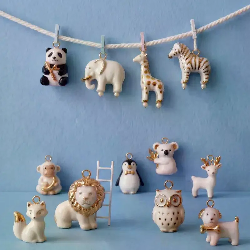 New Painted Lion Elephant Raccoon Animal Charms Pendants Color Preserved Gold Plated Copper DIY Jewelry Making Accessories