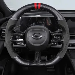 For GAC Trumpchi Empow 2021-2024 Hand Stitched black Sports style carbon fiber Genuine Leather suede Car Steering Wheel Cover