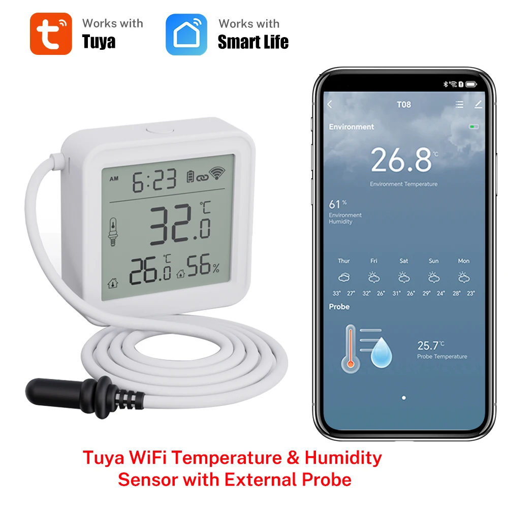 Tuya WiFi czujnik temperatury i wilgotności z zewnętrzną sondą dla inteligentnego higrometru domowego monitorowanie aplikacji dla roślin akwariowych winiarnia