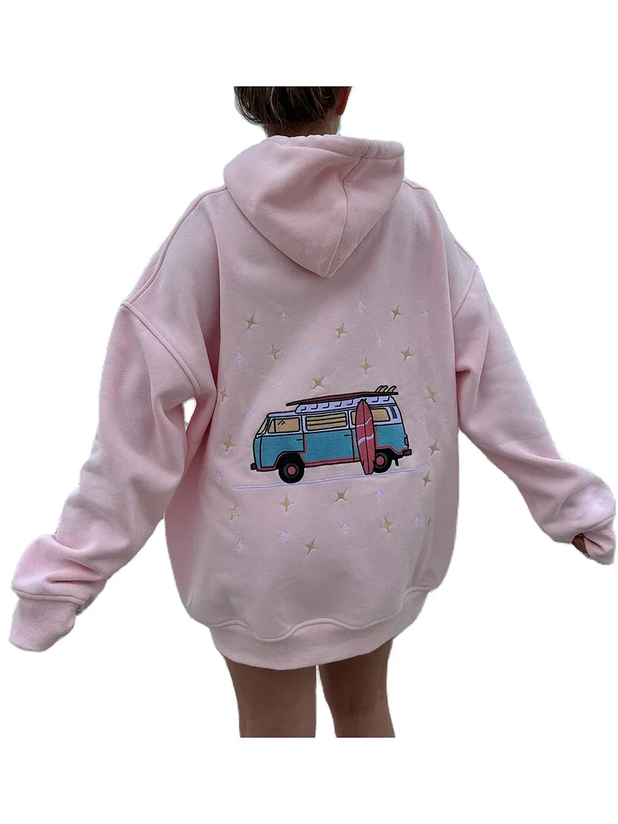 Moletom feminino oversized com capuz traseiro carro bordado manga comprida moletons outono inverno pulôveres com capuz