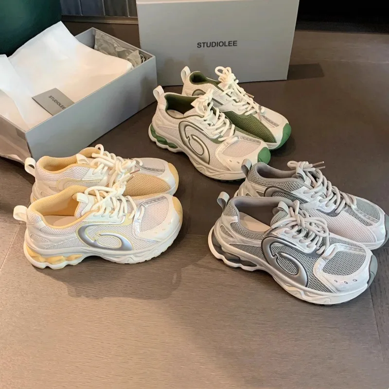 

Sports casual shoes 5cm Fashionable Slanted Toe Color Block Lace-up Casual Mesh Thick Sole Dad Shoes Summer Breathable