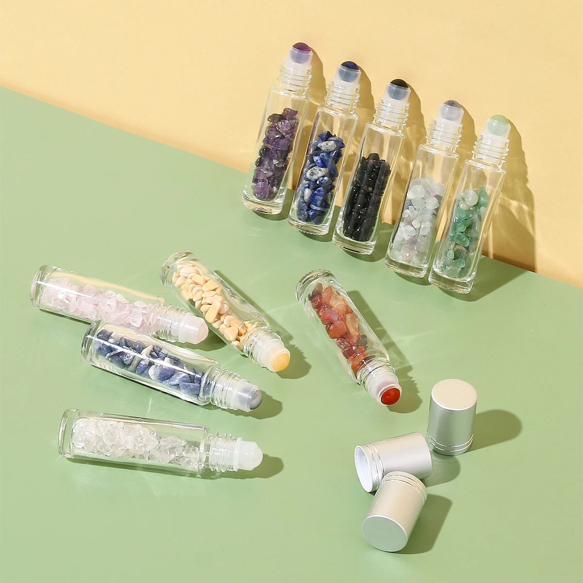 10ชิ้น10มิลลิลิตรน้ำมันลูกกลิ้ง Essential หยก Batu kaca ธรรมชาติขวดโรลออนพลอยขวดน้ำหอมแบบเติมได้