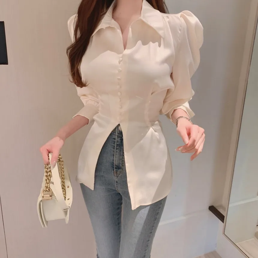 

Chic Stand Collar Bubble Sve irt Women's Waist Cinching Button up Ba Knot Design Korean Sle Long Sve Slim Fit Top