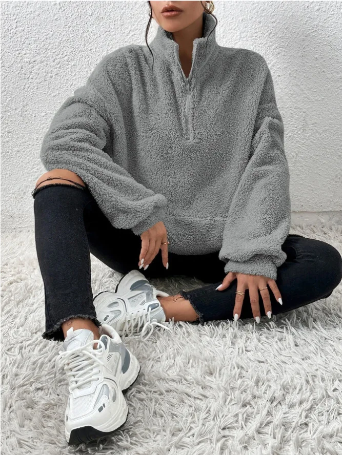 2026 Herbst Winter Mode Damen Samt-Hoodie Einfarbig Verdickter Plüsch-Pullover mit Großer Tasche Warmer Langarm-Damen-Sweatshirt – Detail 8