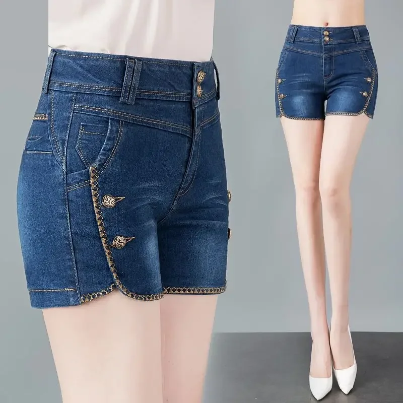 Verão feminino shorts calças senhora cintura alta solta alta rua denim calças femininas streetwear preto cinza perna larga calças de brim curtas a715