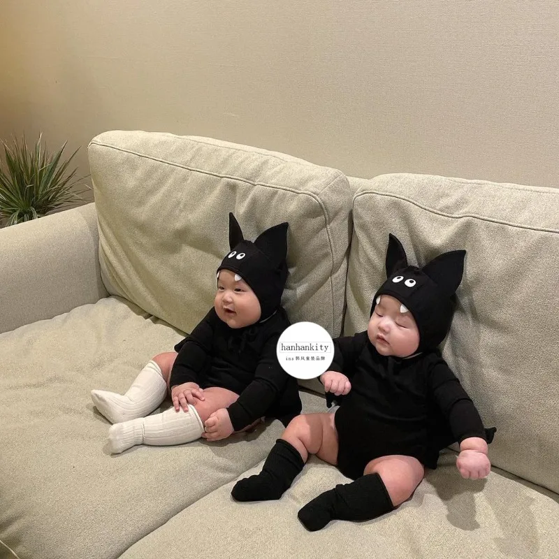 Black Bat Hooded Baby Romper Jumpsuit with Wings Halloween Cosplay Costume Newborn Infant Toddler Outfit Clothes