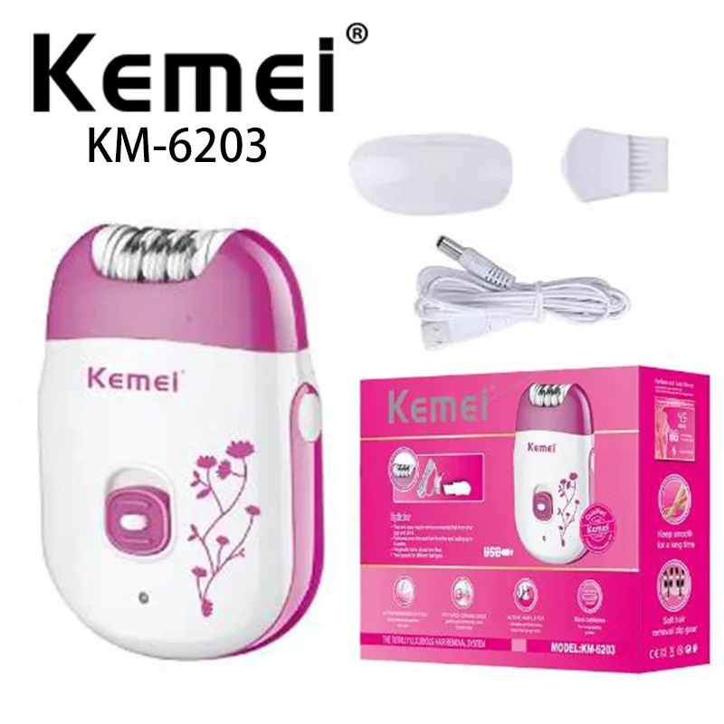 Kemei-Depiladora Elétrica Corporal para Mulheres, Carregamento USB, Aparador de Pêlos Profissional, Rosa, Km-6203