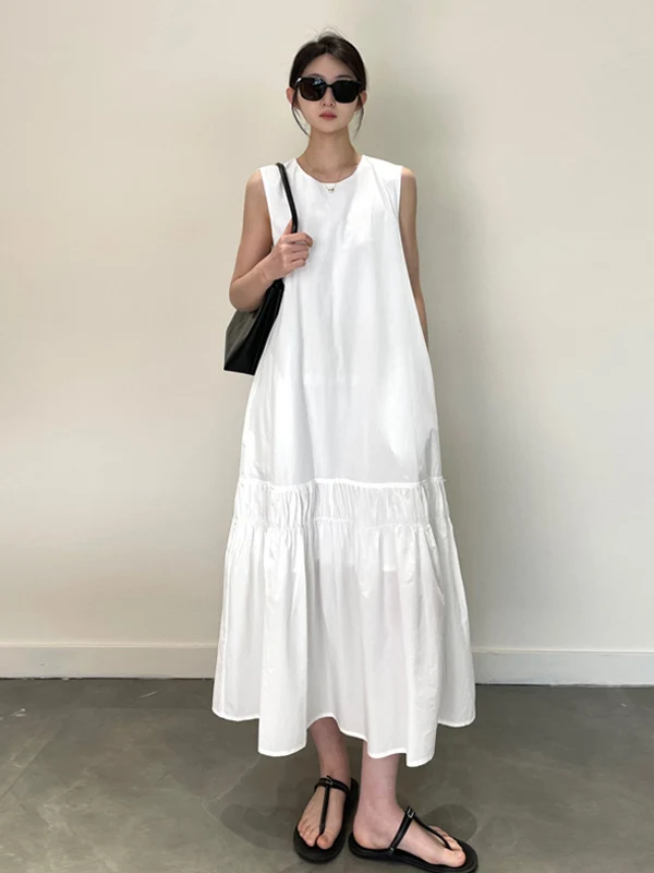 Coreano minimalista branco retalhos sem mangas colete em camadas saia linha a para as mulheres verão harajuku estilo preppy mori vestido de menina
