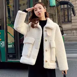 Winter Thick Warm Woolen Coat Women Casual Loose Turn-down Collar Lamb Plush Jacket Outerwear Clothing