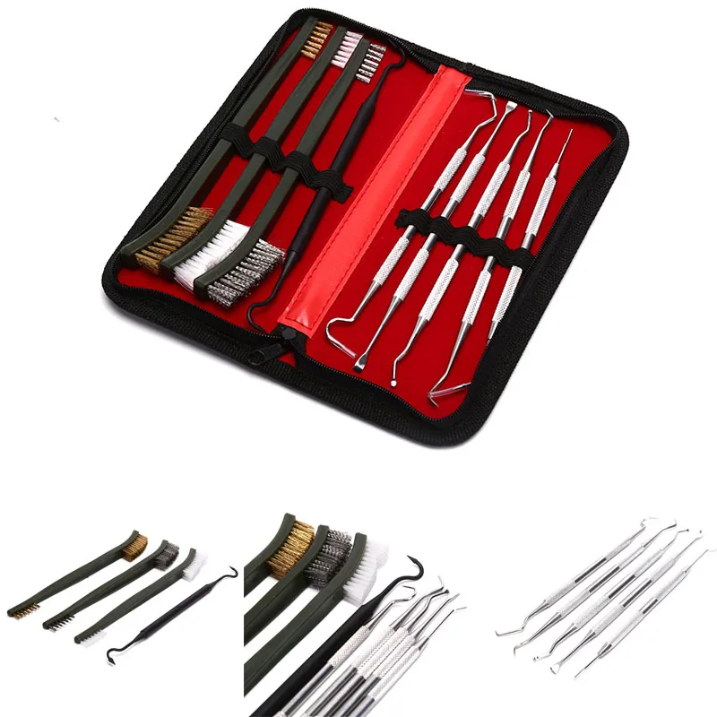 9pcs Cleaning Brush and Pick Kit Double End Brushes With Carrying Case Stainless steel hook double head brush set