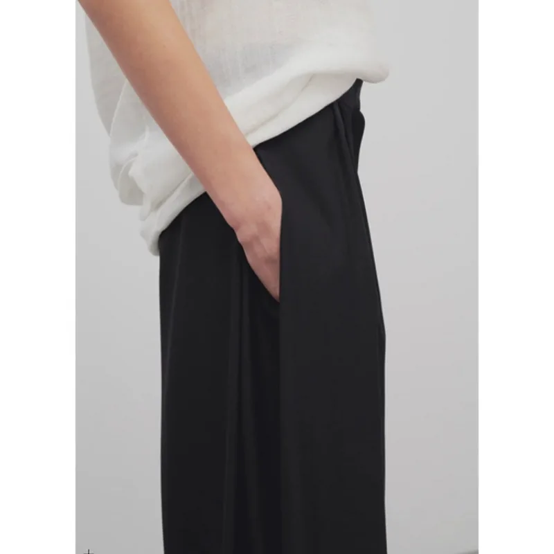 Women\'s Side Pleated Wool Blended Wide Leg Pants, New Straight Leg Loose Pleated Skirt Pants, Autumn and Winter 2024