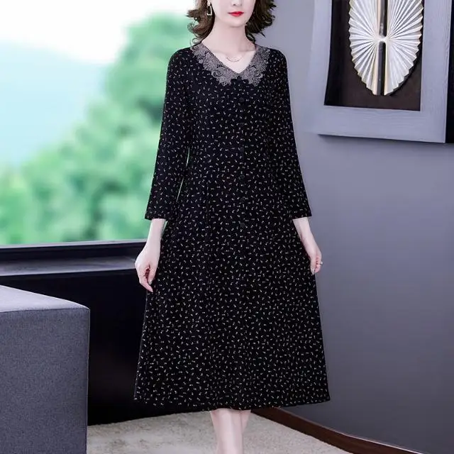 Women Dresses Spring Autumn 2024 New Fashion Floral A-line Dress Vintage Black Female Casual Printed Party Dresses Autumn V342