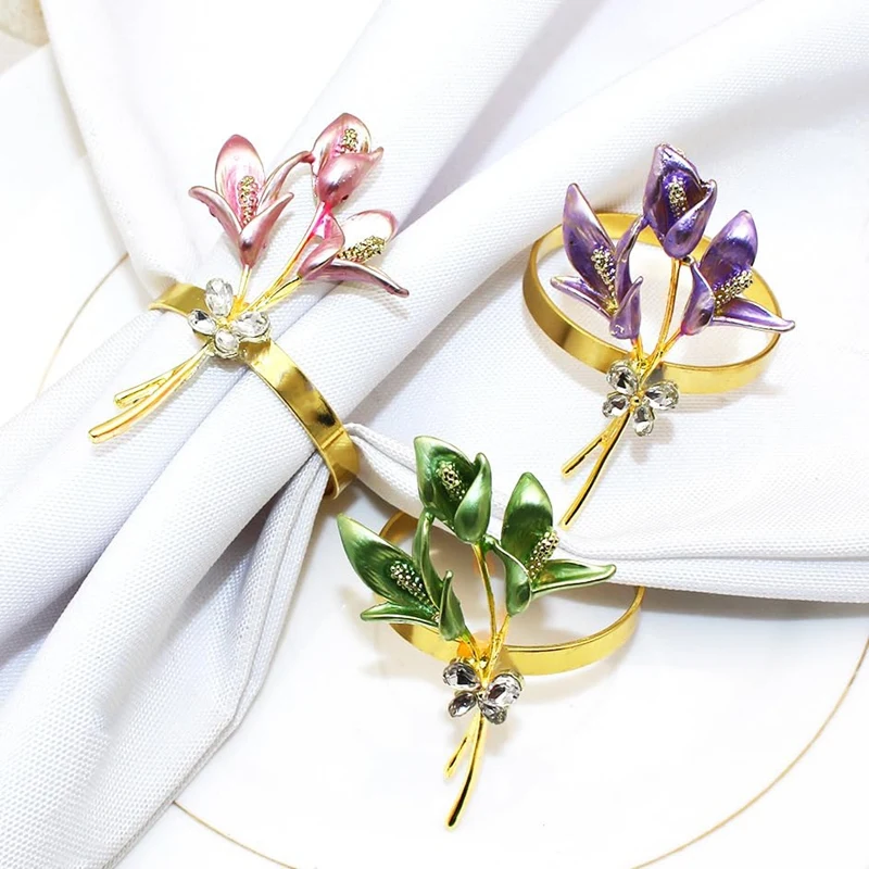 6PCS Gold Lily Napkin Rings Metal Napkin Ring Holders For Wedding Party Holiday Banquet Christmas Dinner