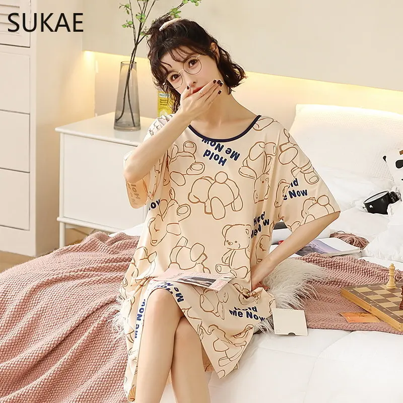 SUKAE M-5XL Cool Modal Summer Night Dress Women Plus Size Short Sleeves Sleepshirt Woman Sleepwear Unique Design Pajama Dressing