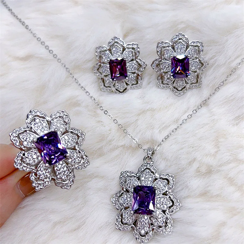 Fashion Romantic Charm Purple Cubic Zirconia Flower Ring/Necklace/Earrings Women's Wedding Jewelry Set Engagement Party Jewelry