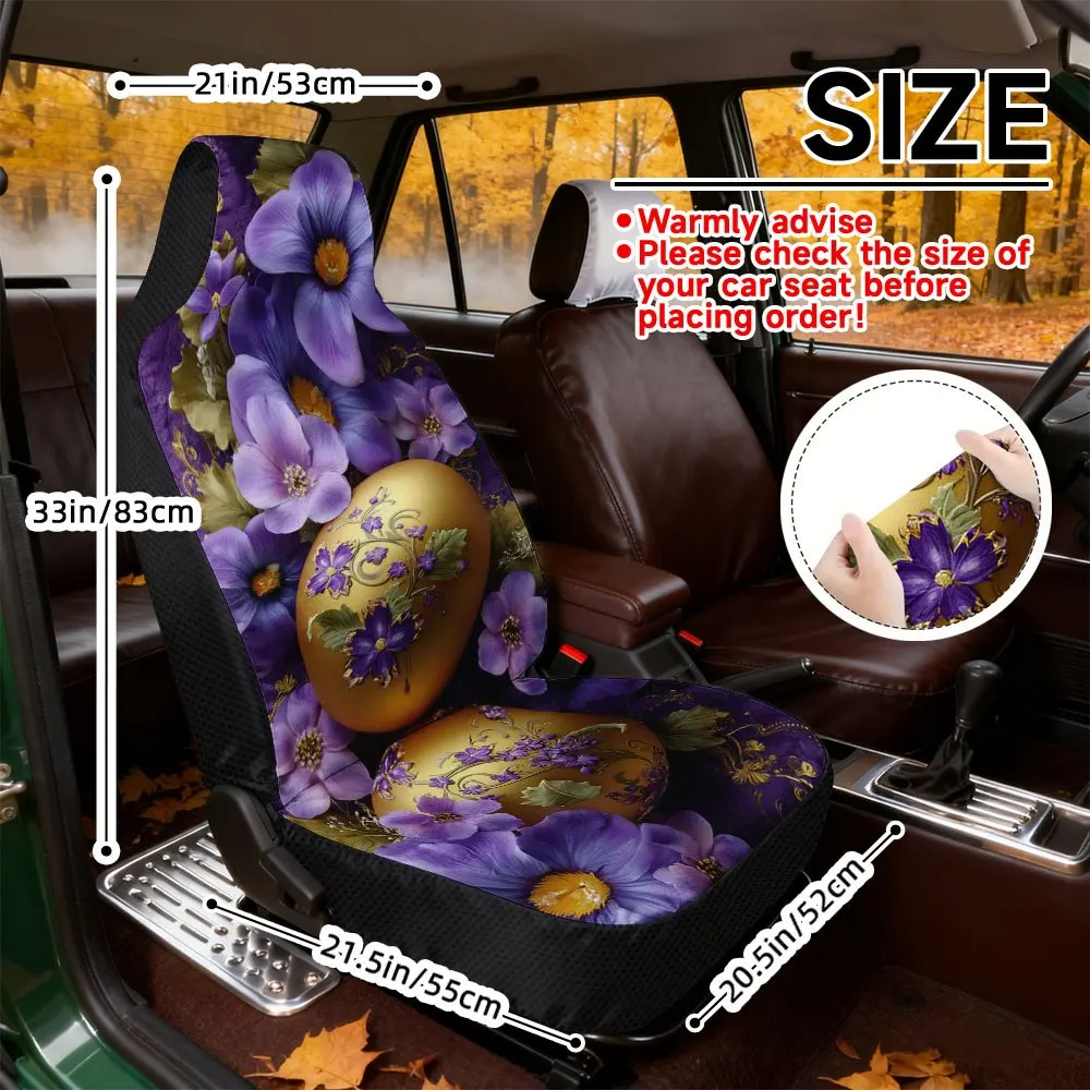 Set Of 2, Stylish Easter Golden Egg Front Seat Covers Featuring Floral Design, Perfect Gift For Car Owners, Easy To Take Off And