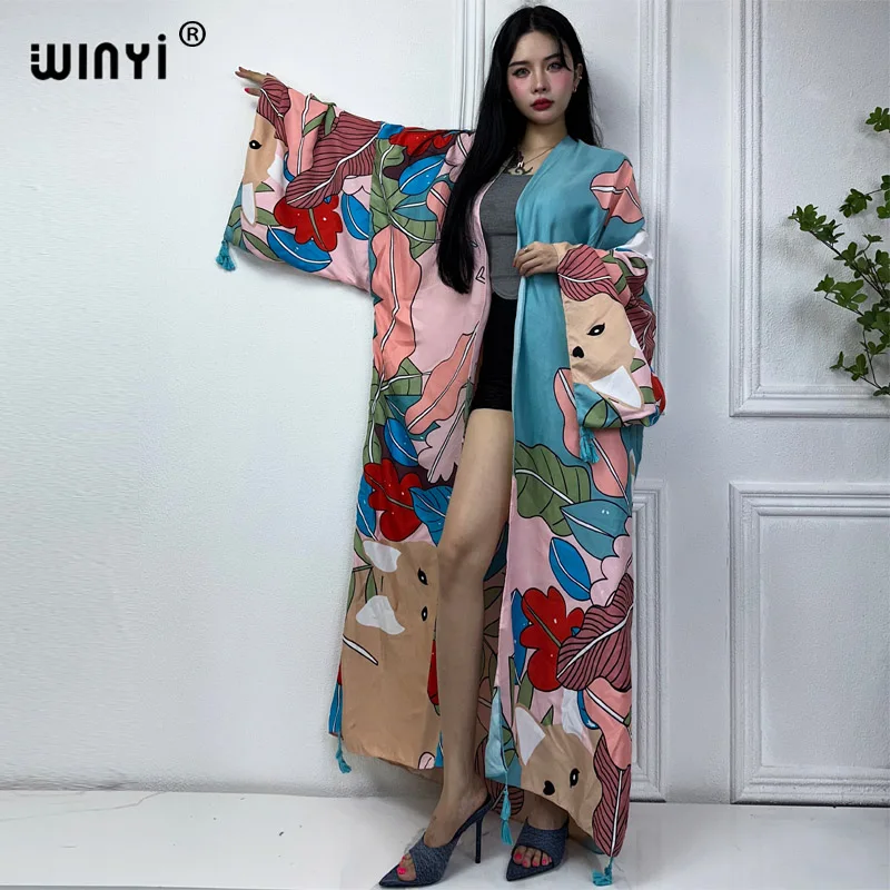 WINYI-kimono de estilo africano para mujer, cárdigan de manga larga con puntada, estilo bohemio, para playa y vacaciones