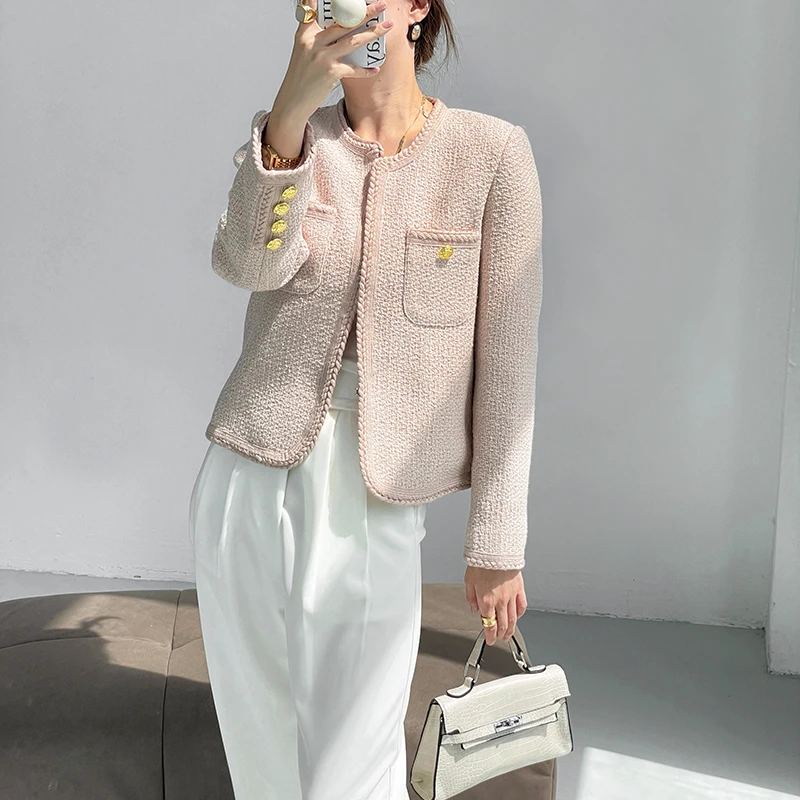 Jaqueta recortada de manga longa feminina, jaqueta de Tweed rosa, amarela, luxo, elegante, inverno, outono, coreana, 2022