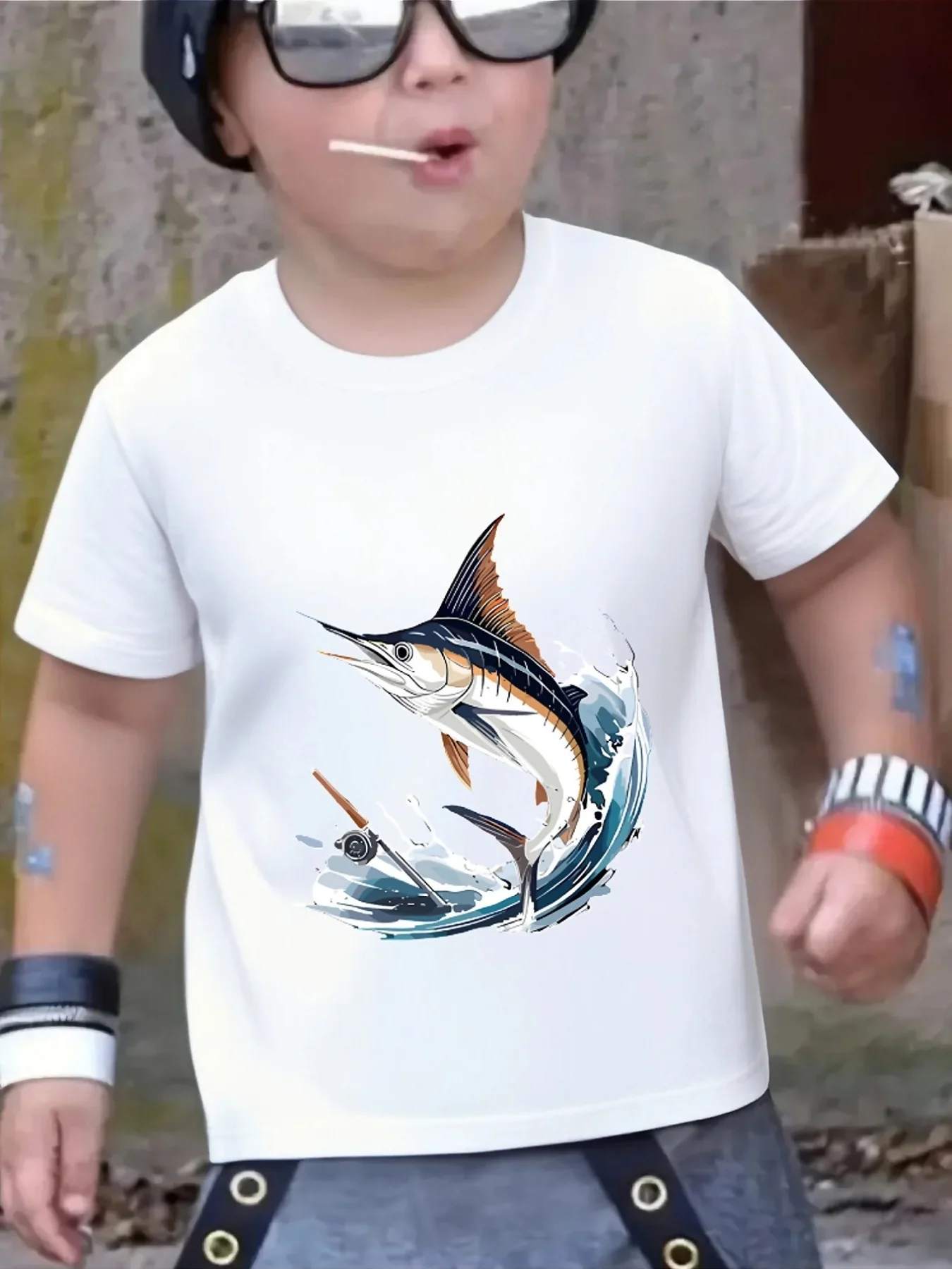 Marlin Swordfish Fishing Ocean Wave Art Graphic Print Family Matching Short Sleeve Tee Boys Girls Kids Casual Daily Tops